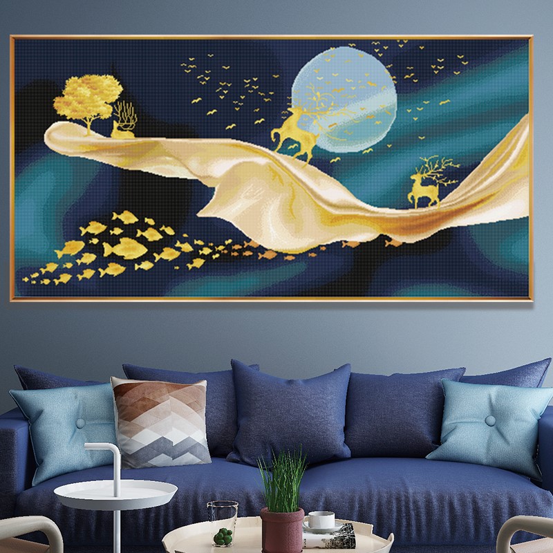 ks十字绣新款线绣客厅沙发背景墙麋鹿北欧轻奢十字绣套件