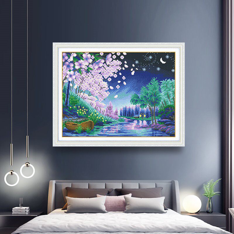 ks手作樱花夜空星空新款线绣房间风景小幅十字绣套件
