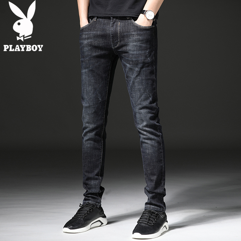 花花公子春夏季黑色牛仔裤男修身小脚裤潮牌长裤男韩版潮流宽松帅