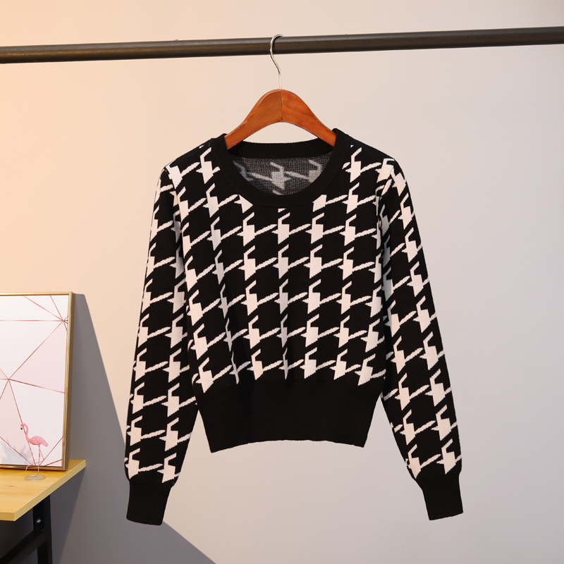 2021短款圆领打底衫秋冬季千鸟格套头毛衣高腰小个子上衣学院风女