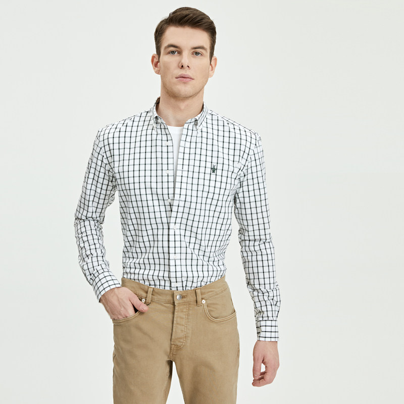 春季浅绿色格子衬衫韩版精致图案刺绣商务免烫衬衫