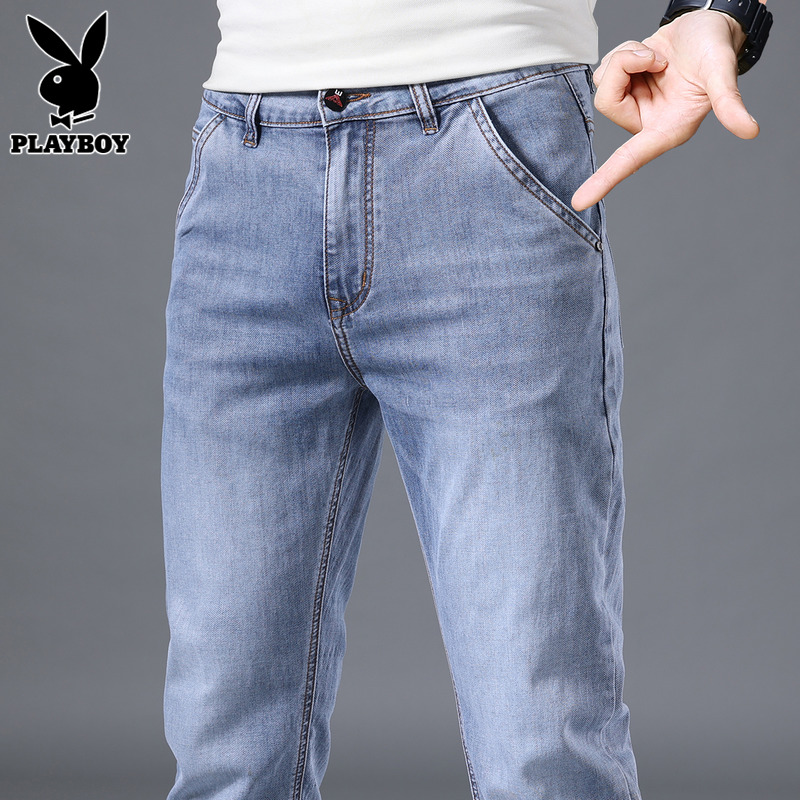 花花公子牛仔裤男士夏季薄款2022新款修身小脚休闲长裤子男裤潮流