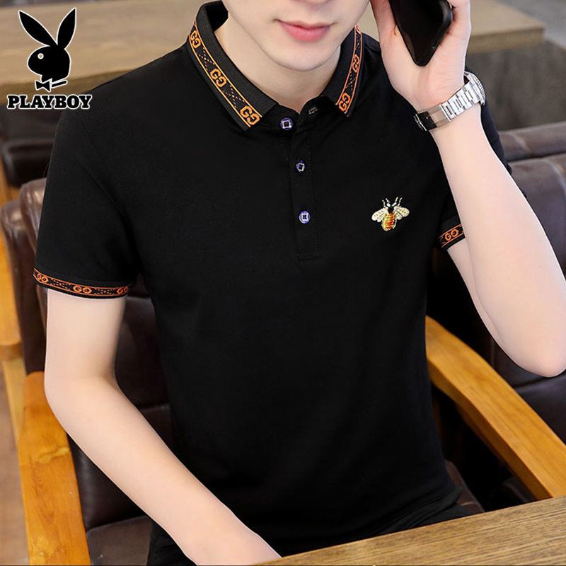 花花公子夏季短袖t恤男士纯棉刺绣上衣服潮牌帅气翻领polo衫男装