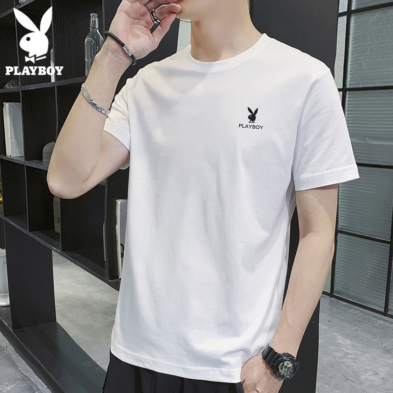花花公子夏季纯棉短袖t恤男士白色圆领衣服2021新款半袖体恤男装
