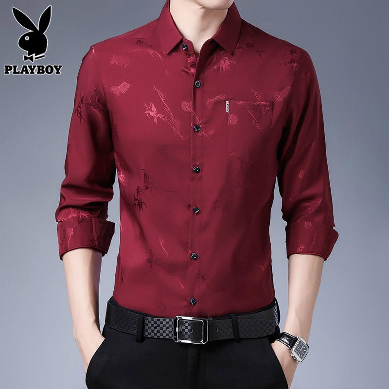 花花公子长袖衬衫男士红色上衣服春秋冬季新款潮流保暖衬衣男加绒