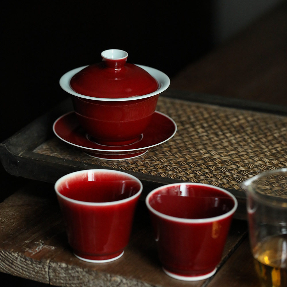 晴先生景德镇祭红三才盖碗防烫泡茶碗原矿手工红釉盖碗郎窑红柴窑