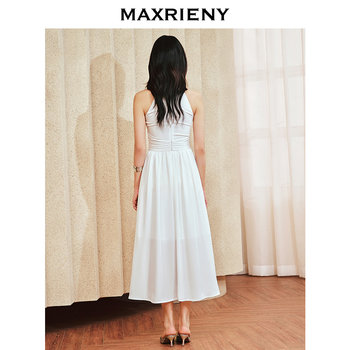 MAXRIENY Lady Style Dress 2024 Summer New High Waist Pleated Sleeveless Halter Skirt