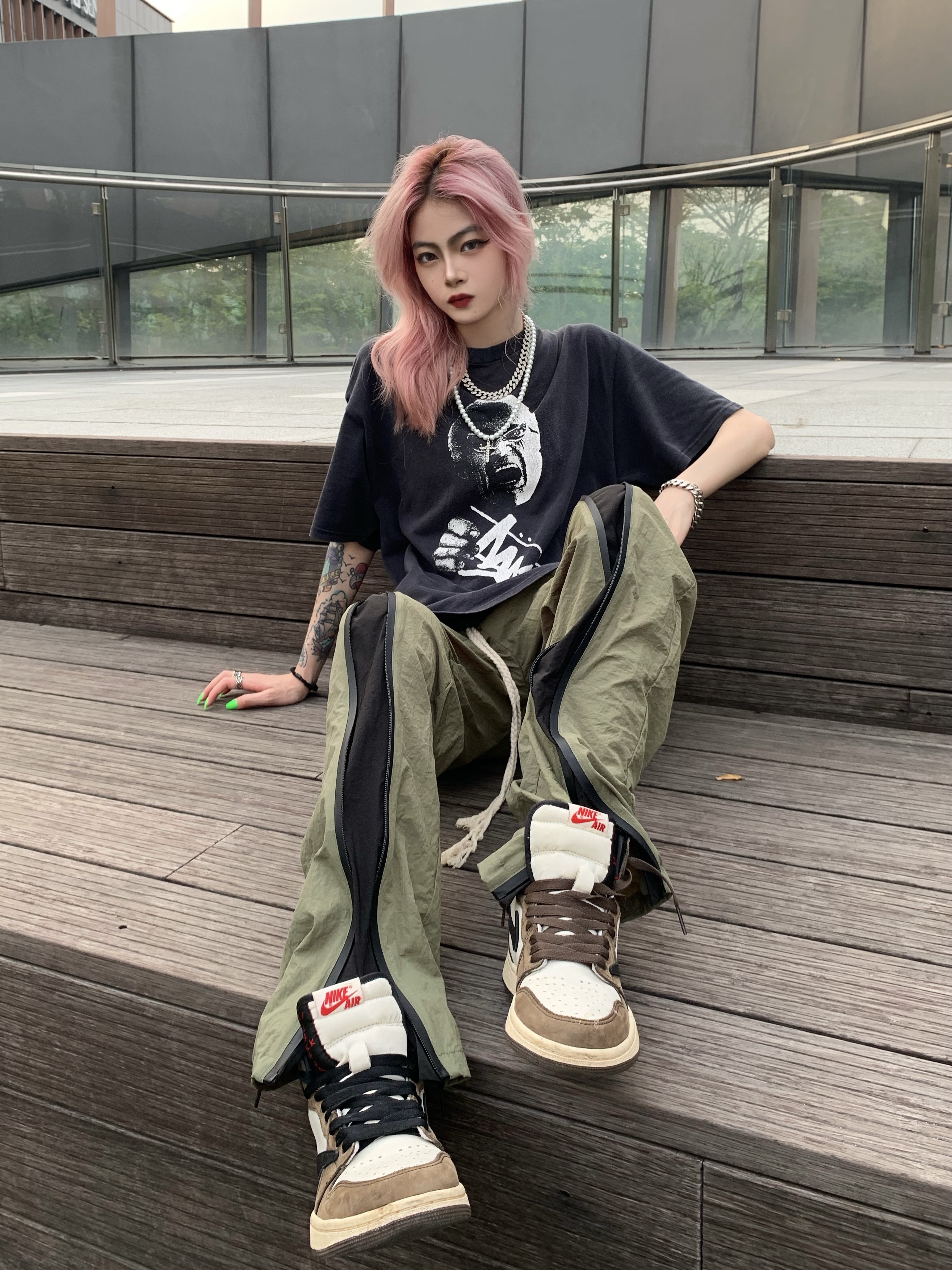 Urinie19 21SS 军绿色尼龙夏季拉链男长裤 vibe机能高街工装小众