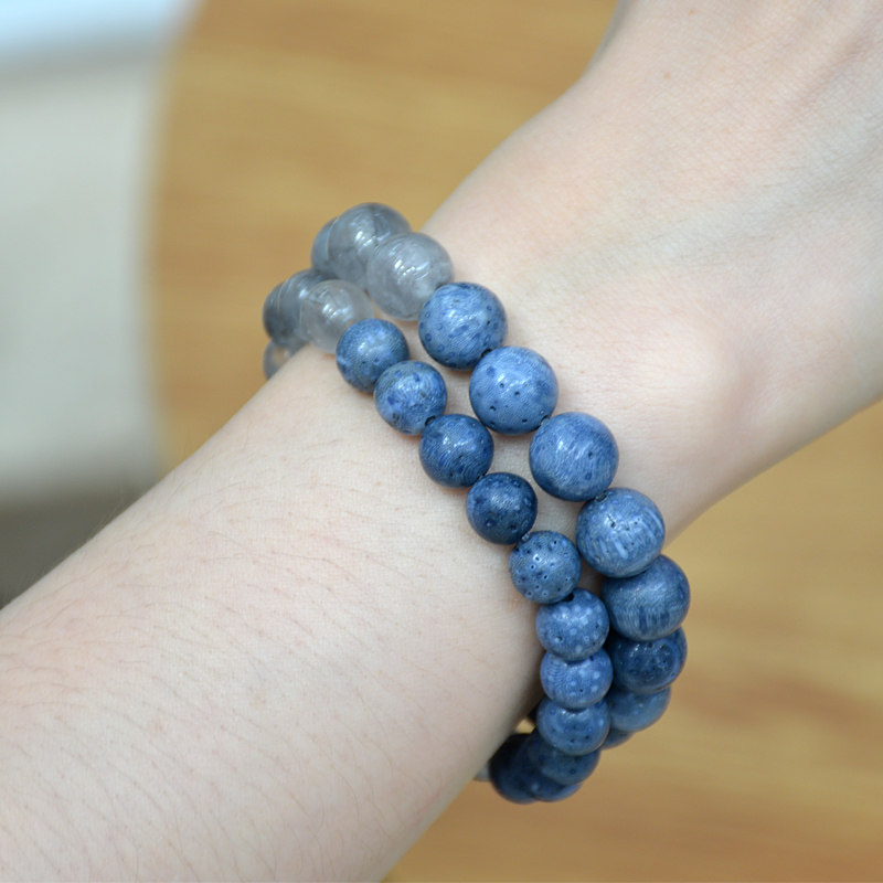 原创一木释心天然蓝珊瑚佛珠手串水晶宝石旺夫转运情侣手链男女