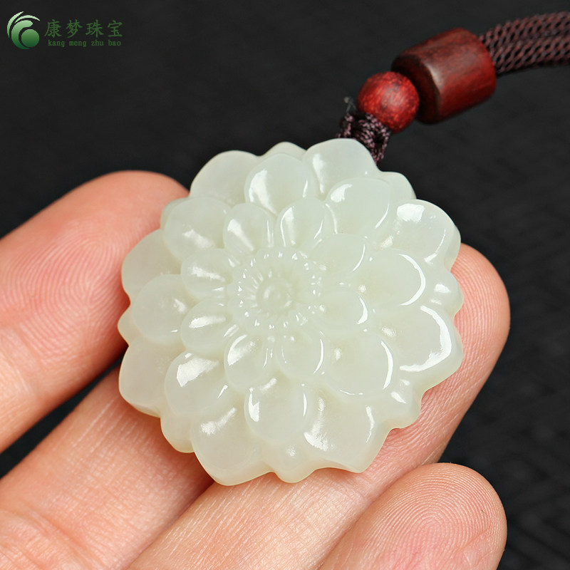 天然新疆和田花开富贵吊坠白玉花玉女士项链毛衣颈饰