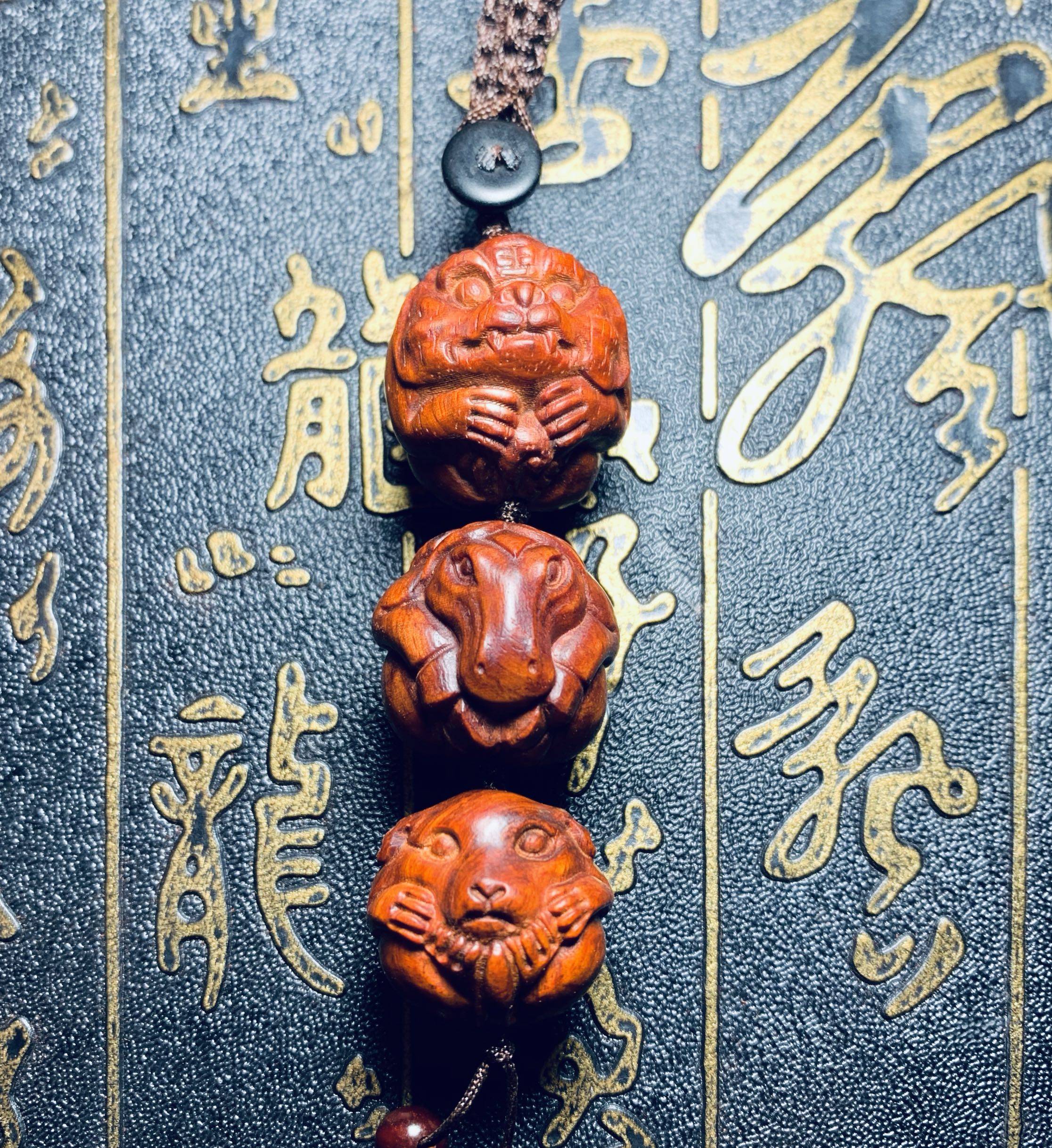 印度小叶紫檀红木三合火木会局钥匙扣挂件坠虎项坠