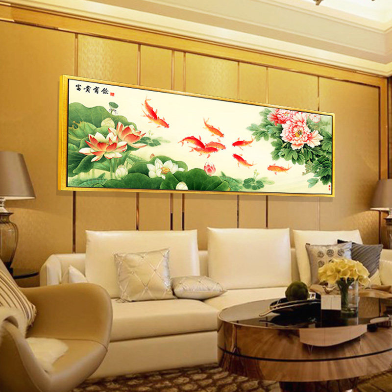 九鱼聚财风水装饰画壁画客厅现代沙发背景墙荷花现代装饰画