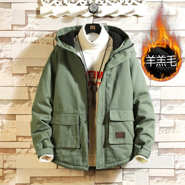 Winter Japanese plus velvet tool jacket men plus fertilizer XL Youth loose tide brand hooded shirt jacket men's fat Winter Japanese plus velvet tool jacket men plus fertilizer XL Youth loose tide brand hooded shirt jacket men's fat