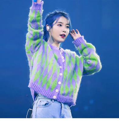 iu李智恩同款紫色短款加厚毛衣学院风针织开衫外套女2021秋冬新款