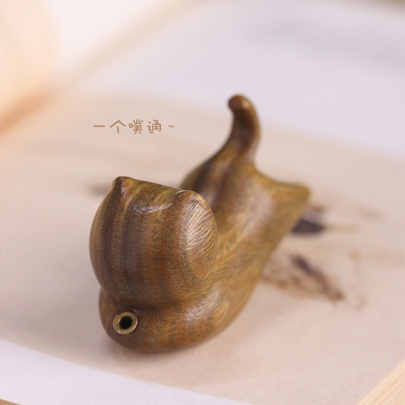 绿檀木雕香插高枕无忧猫咪创意桌面摆件线香室内其他特色工艺品