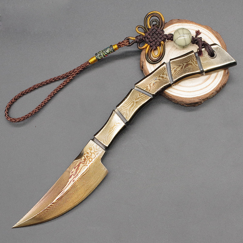 龙泉手工月刃百炼花纹大马士革普洱茶刀茶针切开专用茶道