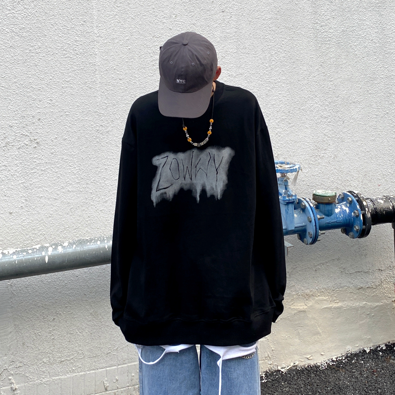 非潮勿近高街潮牌复古字母印花宽松长袖圆领无帽加绒卫衣男厚ins