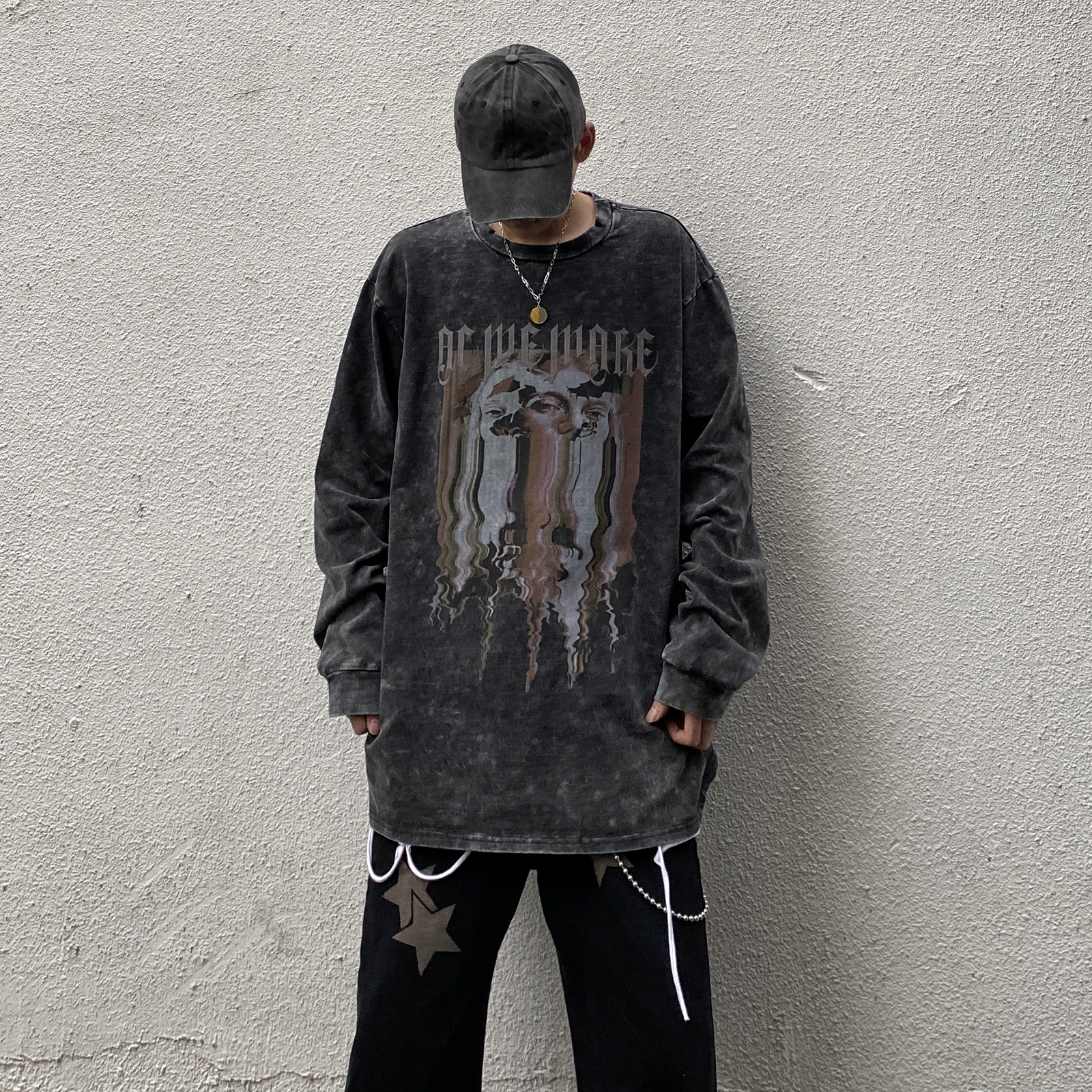 非潮勿近高街美式复古做旧水洗重影印花卫衣嘻哈潮牌春季圆领卫衣