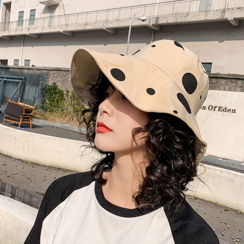 渔夫帽女春夏季防晒遮阳布艺波点百搭网红帽子双面可折叠女士盆帽