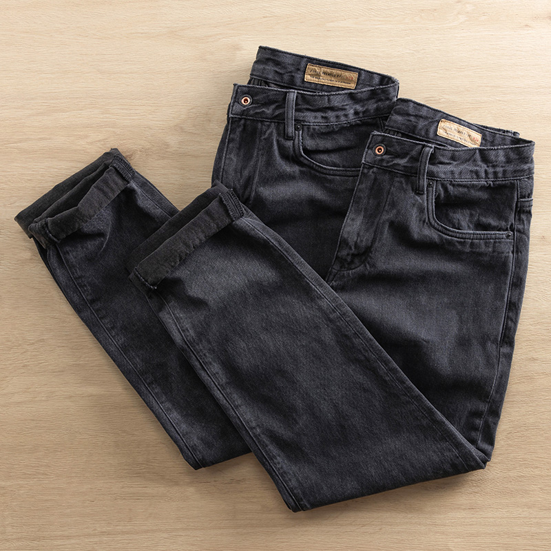 春秋男潮宽松直筒牛仔裤重磅砂洗复古休闲牛仔长裤男士黑色配靴裤