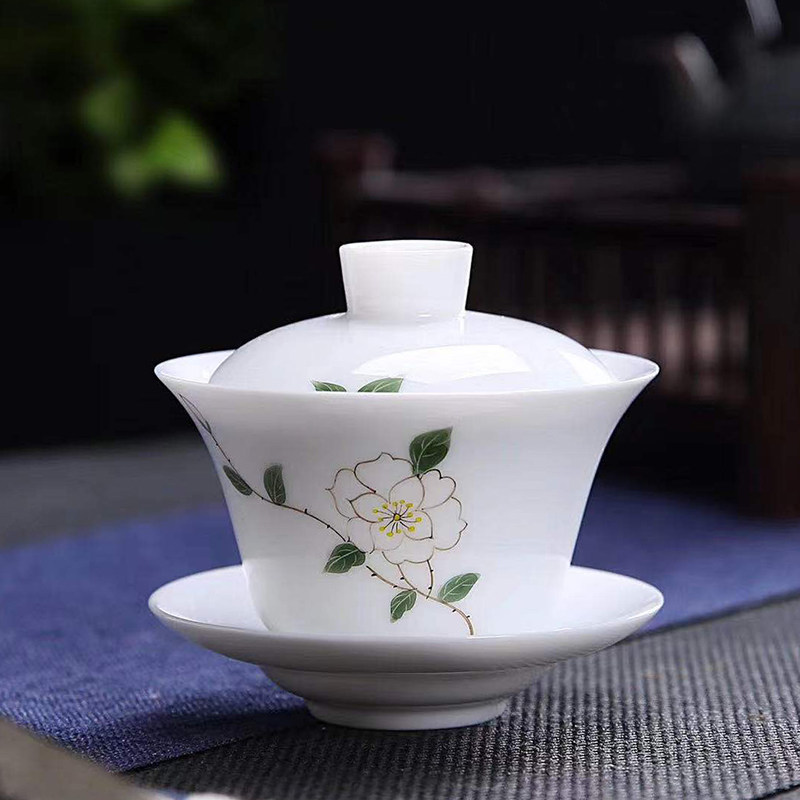 盖碗手绘单个三才白瓷茶碗泡茶家用大号茶具盖碗