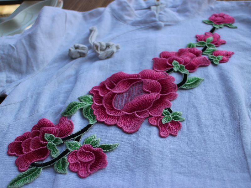 手缝刺绣玉兰花民族服饰装饰补丁领花旗袍花朵布贴珠子
