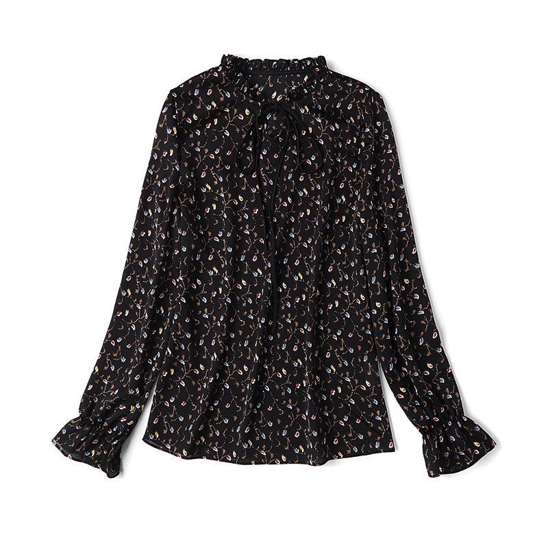 黑色雪纺碎花衬衫女长袖2020春秋新款复古港味衬衣百搭设计感上衣