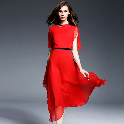 红色真丝连衣裙女2020春夏季新款高档气质修身中长款桑蚕丝长裙子