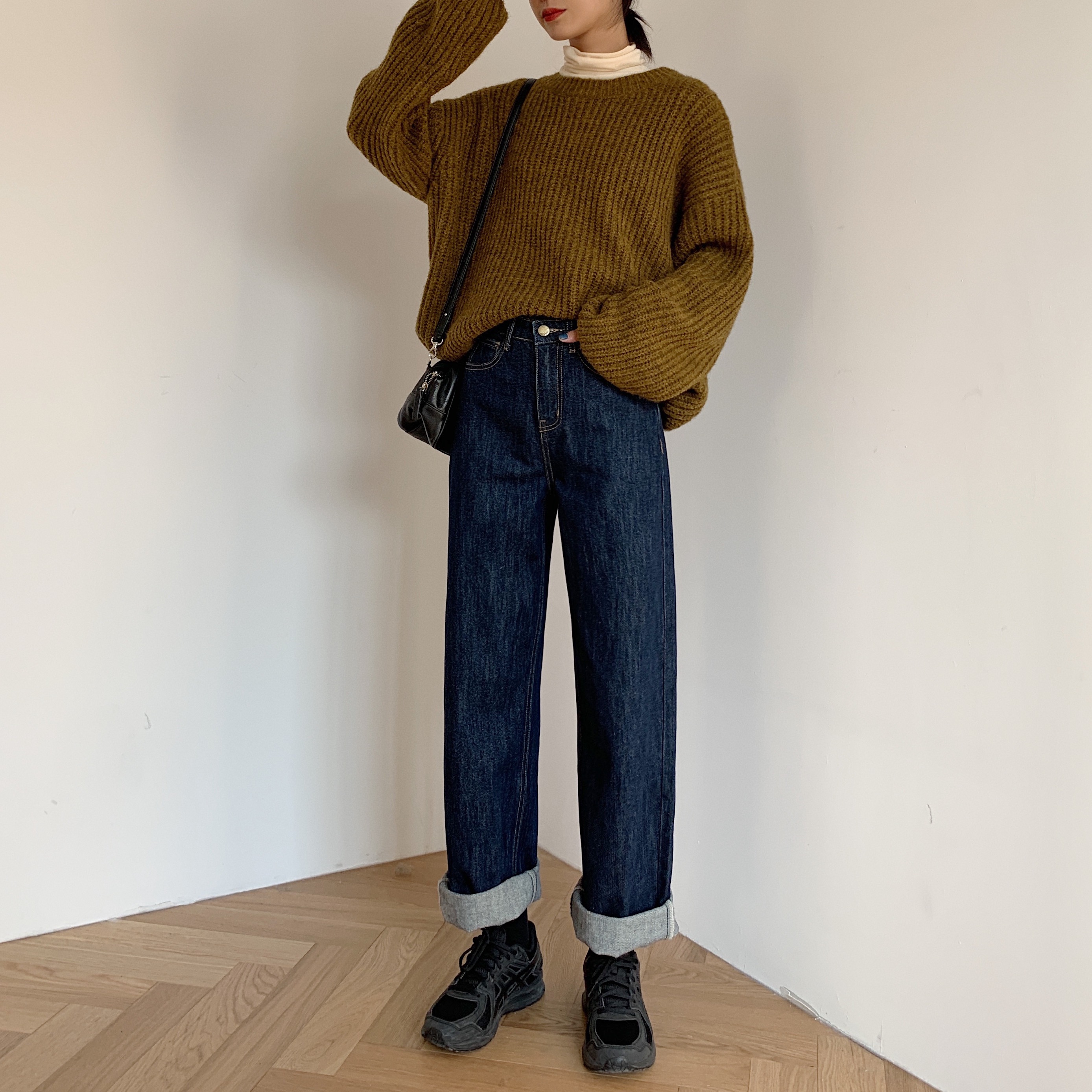 苏安家 小粗腿想自留复古深蓝色显瘦卷边牛仔阔腿裤休闲长裤女