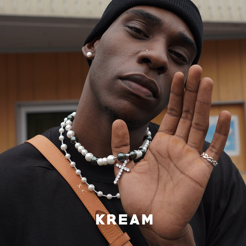 kream原创嘻哈复古双层叠戴贝珠珍珠项链配十字架吊坠 欧美流行