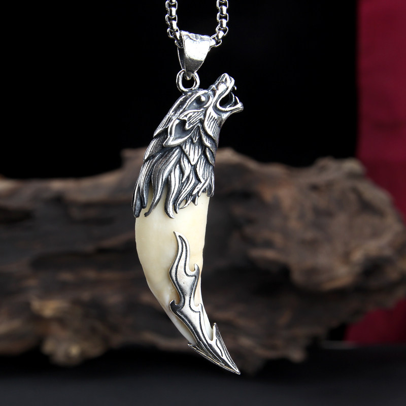 镶嵌狼牙项链吊坠挂坠真獒牙狗纯银牙套男女项坠