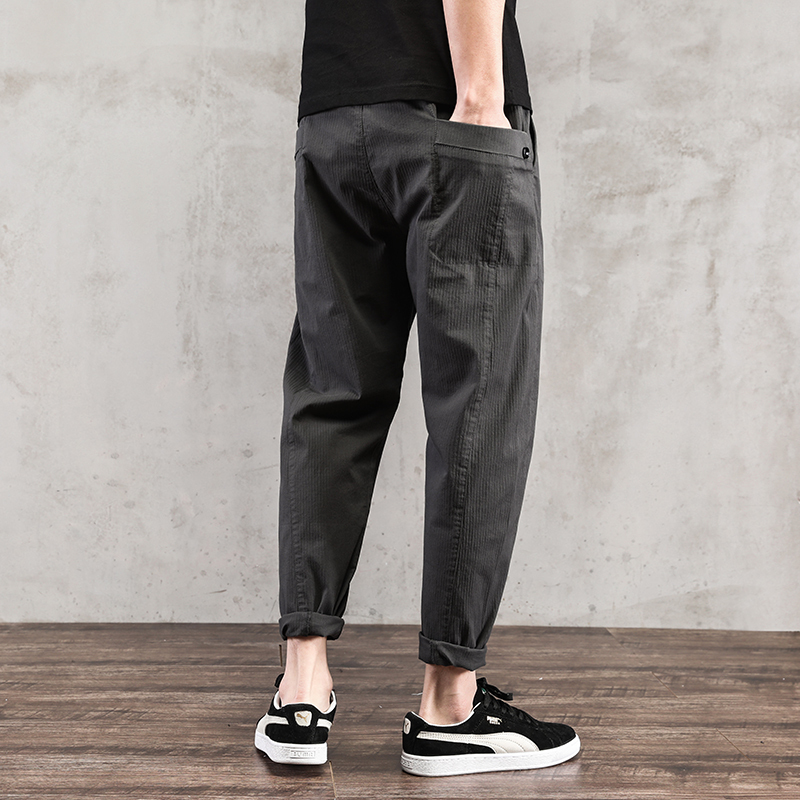 条纹休闲裤男宽松大码松紧腰新款弹力男士裤子夏季潮流直筒九分裤