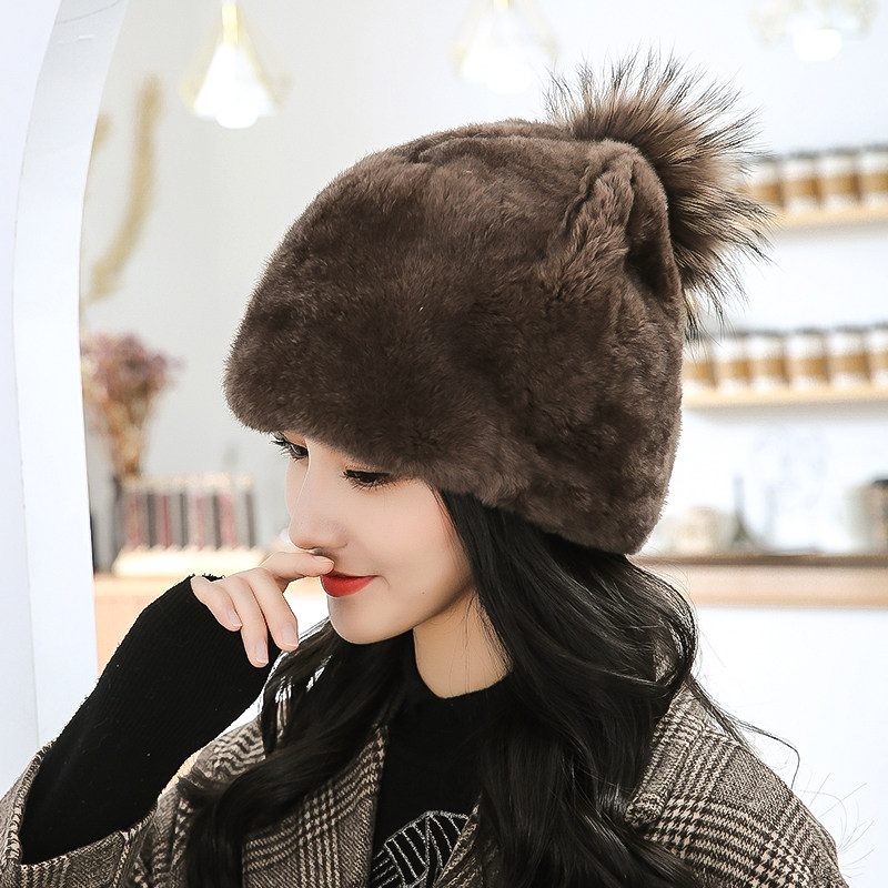 秋冬季新款獭兔毛帽子皮草帽女包头帽可爱球球整皮保暖护耳帽韩版