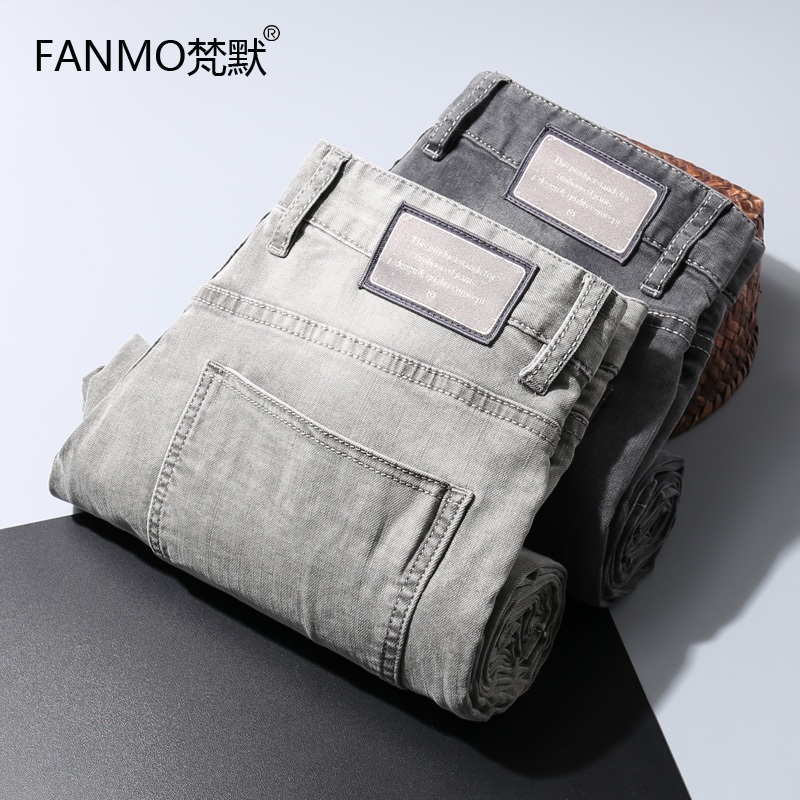 2021春夏新款牛仔长裤男休闲弹力直筒裤酵洗磨白男士水洗裤子潮流