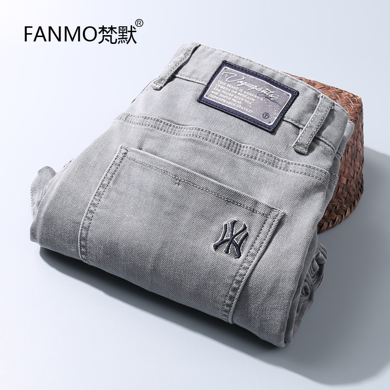 2022春季烟灰色男士牛仔裤直筒宽松柔软弹力棉男士休闲长裤子薄款