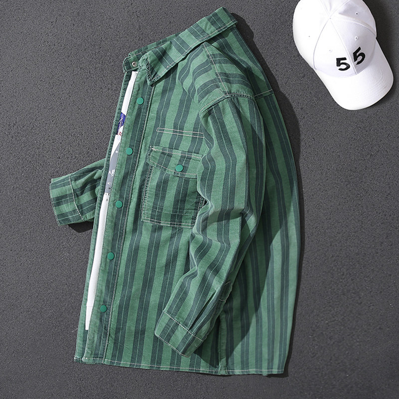 帅气条纹牛仔衬衫男潮流韩版春秋新款宽松休闲长袖衬衣上衣男2021