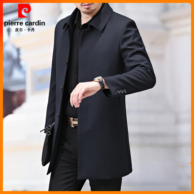 皮尔卡丹风衣男中长款春秋季大衣中年爸爸装商务休闲翻领男士外套