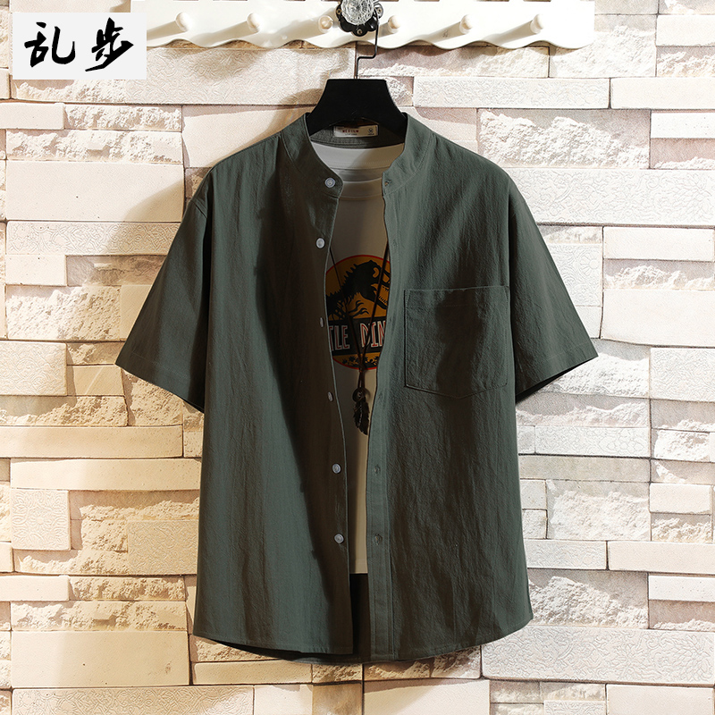 衬衫男韩版潮流短袖乱步夏季宽松纯棉纯色衣服男士衬衣工装外套男