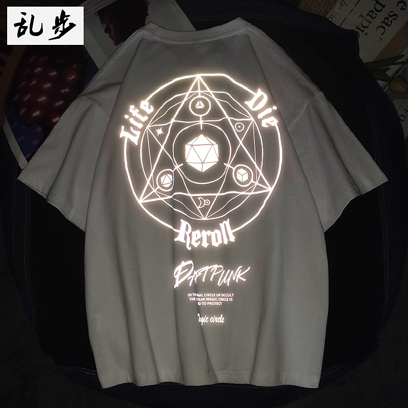 ins魔法阵t恤反光短袖oversize男女同款国潮宽松情侣装夏季体恤男
