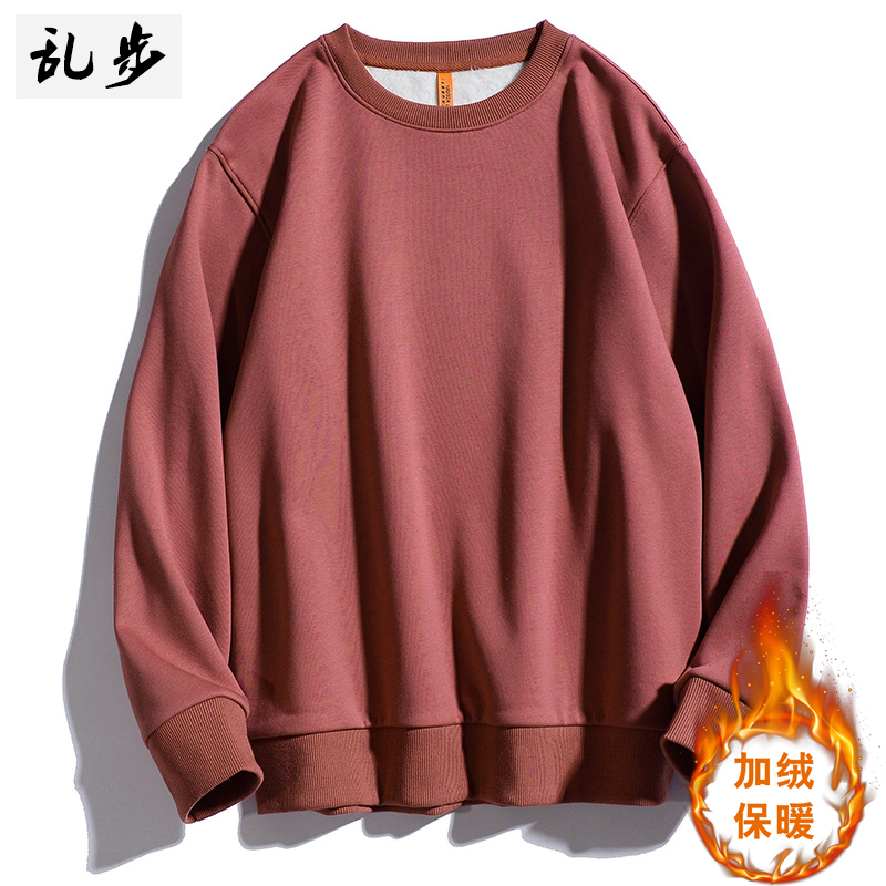 日系纯色简约百搭加绒卫衣男大码宽松纯棉潮牌原宿风圆领无帽外套