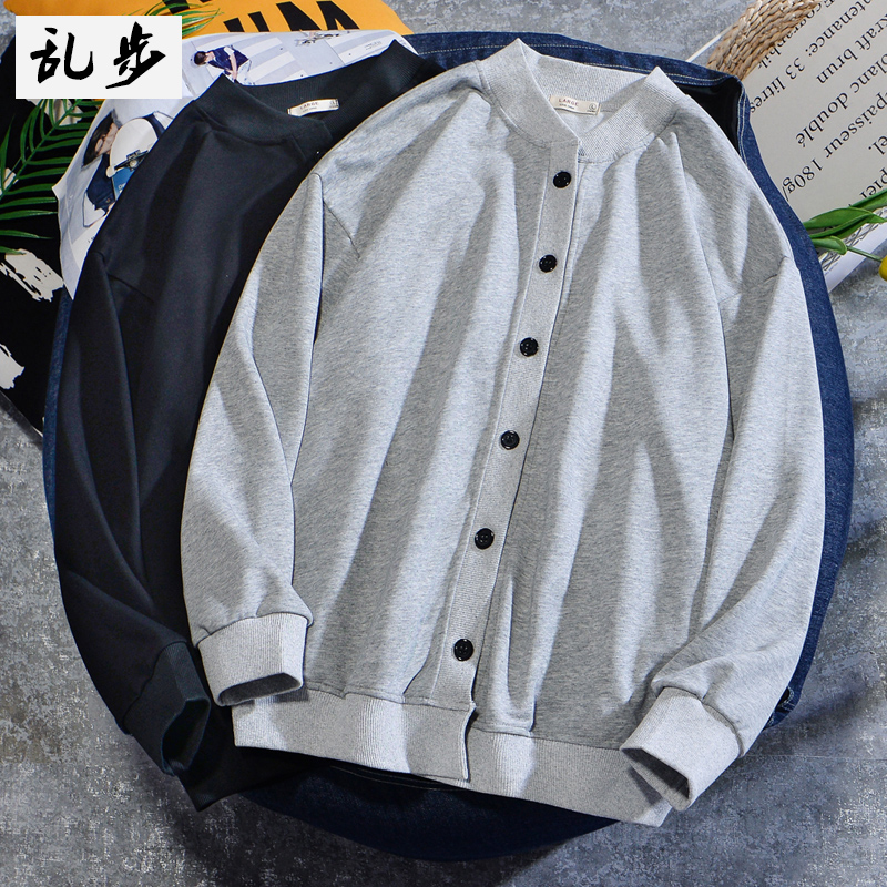 开衫卫衣男宽松立领胖子加肥大码上衣服ins港风纯色薄款春装外套