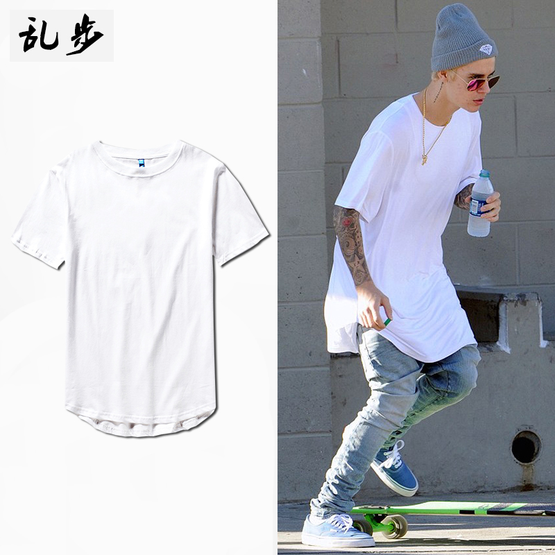 高街加长款t恤男短袖bf风宽松潮牌圆弧下摆纯棉打底衫纯色蝙蝠衫