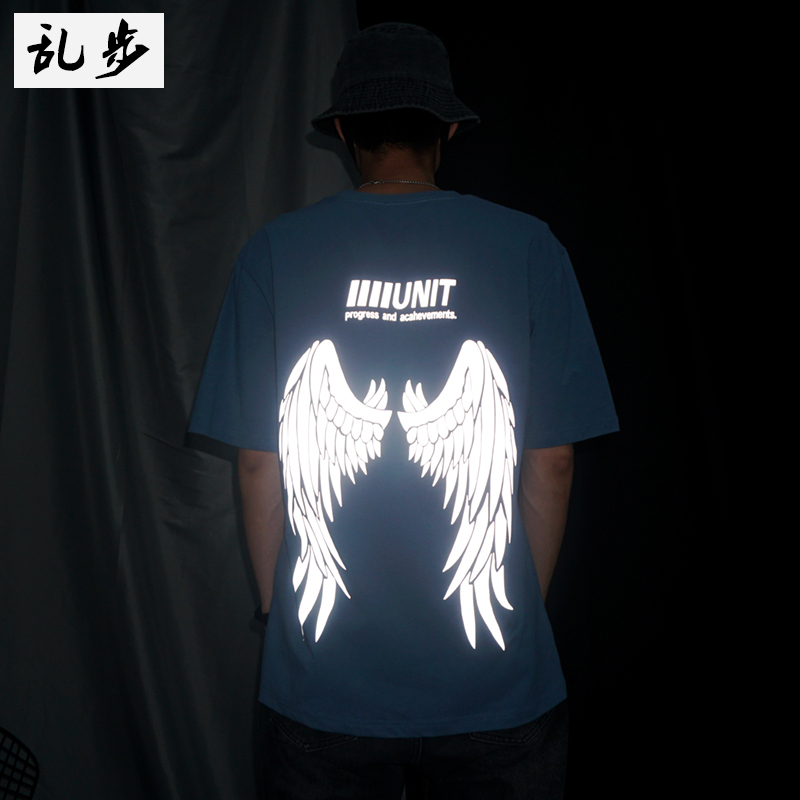 纯棉男反光翅膀印花短袖夏季潮流宽松圆领上衣学生街头运动风T恤