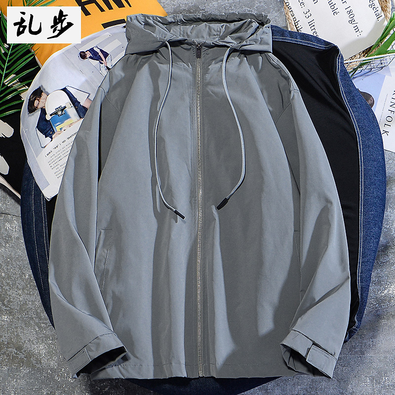 春季日系纯色休闲连帽风衣男士cityboy韩版潮流宽松工装夹克外套