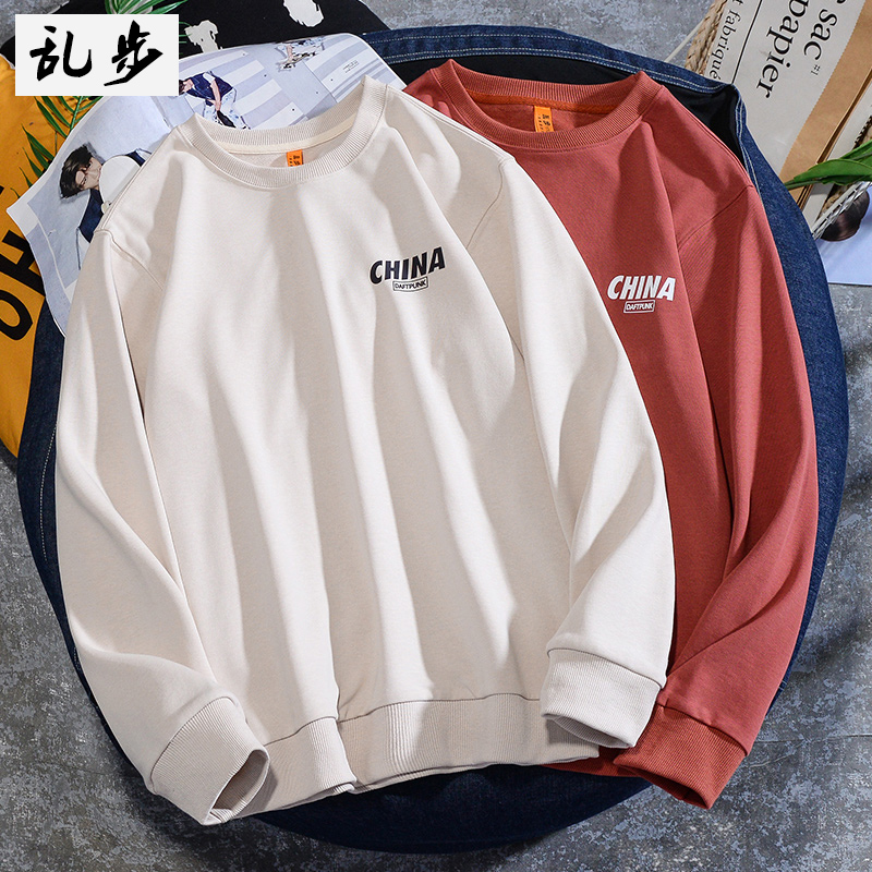 china印花上衣男圆领宽松港风卫衣ins潮秋季无帽大码长袖上衣女生