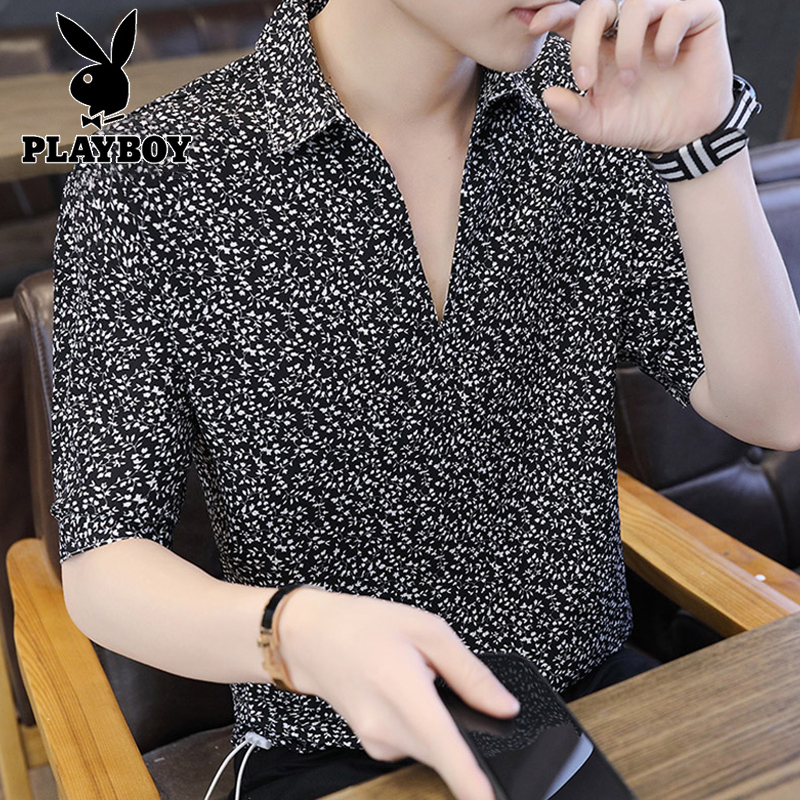 花花公子夏季冰丝男士短袖t恤潮流v领半袖体桖宽松潮牌碎花上衣服