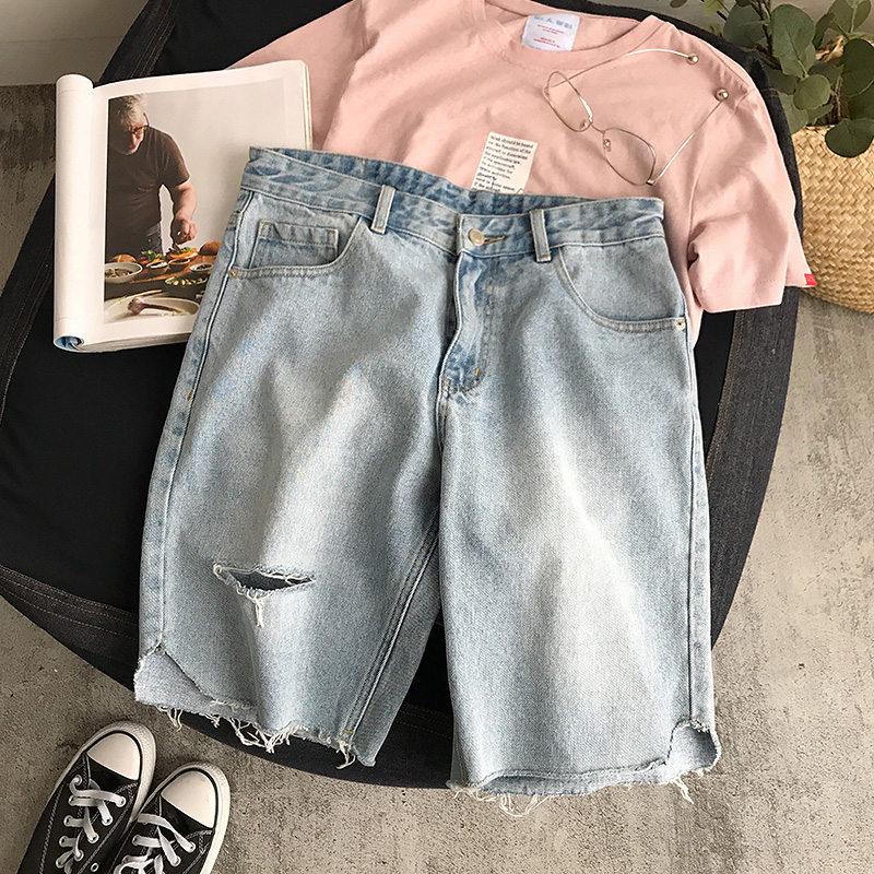 夏季薄款男士破洞五分裤潮流牛仔短裤男外穿宽松5分裤子男百搭ins