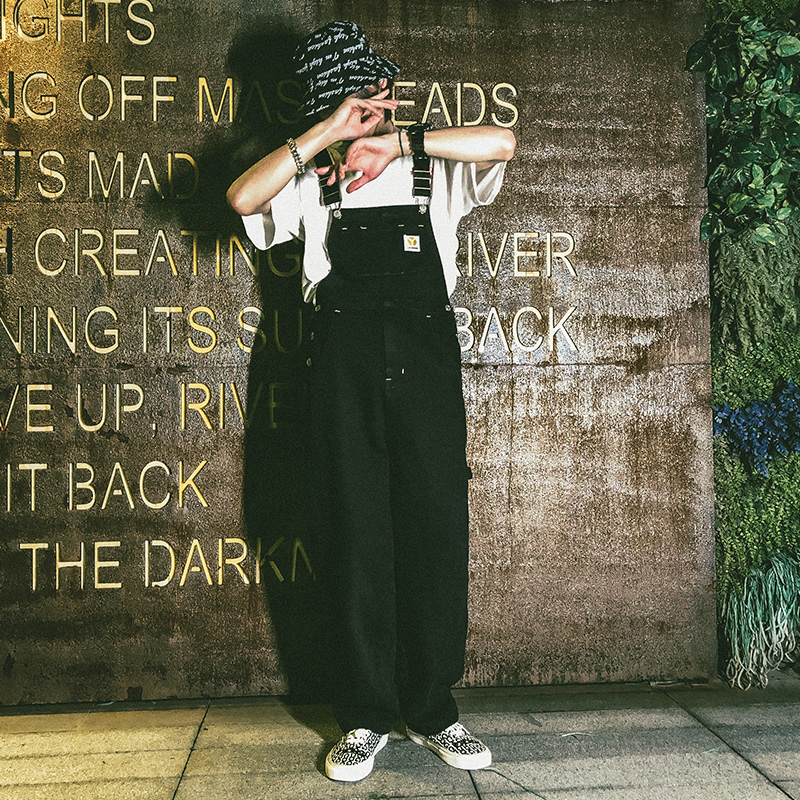 男士背带裤复古港味潮牌直筒宽松工装阔腿裤牛仔裤男女老爹吊带裤