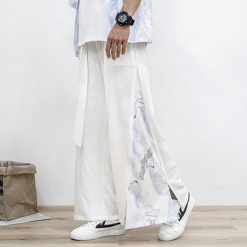 汉元素中国风宽松仙鹤裤子男直筒汉服长裤复古风仙仙裤休闲九分裤