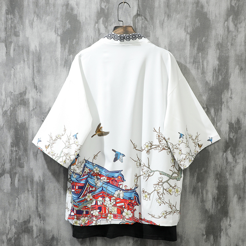 国潮夏季kimono道袍宽松男中国风衬衫外套日系复古七分袖情侣开衫